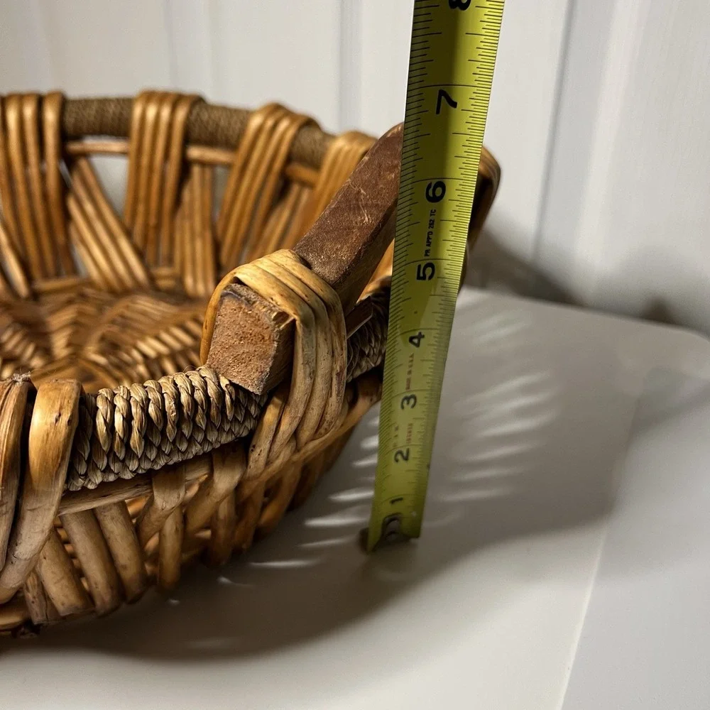 Vtg‎ Woven Wicker or Rattan Basket Wooden Handles 14